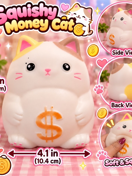 Accessories - Squishy Money Cat Plush Toy - White with Yellow & Brown Accents